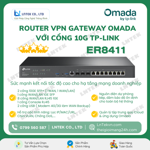 Router TP-LINK ER8411 VPN Omada với Cổng 10G_CONG NGHE LNTEK