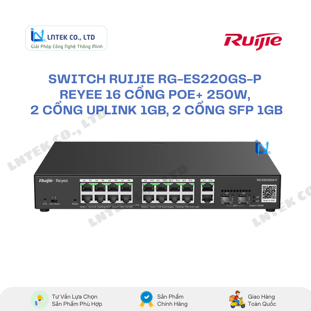 Switch Ruijie RG-ES220GS-P Reyee 16 Cổng PoE+ 250W, 2 Cổng Uplink 1GB, 2 Cổng SFP 1GB chinh hang_LNTEK Switch Ruijie RG-ES220GS-P Reyee 16 Cổng PoE+ 250W, 2 Cổng Uplink 1GB, 2 Cổng SFP 1GB chinh hang_LNTEK