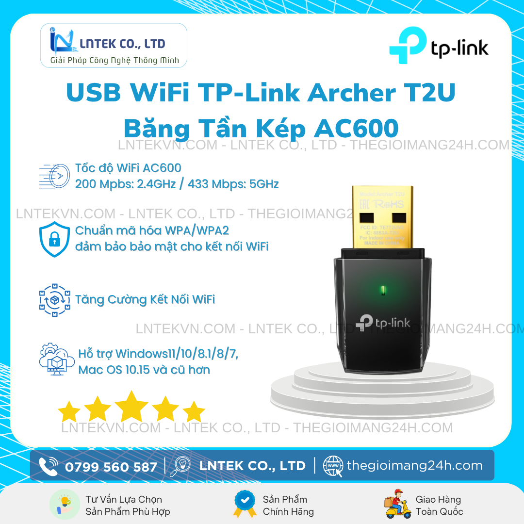 Thiết Bị Thu Phát USB WiFi TP-Link Archer T2U Băng Tần Kép AC600_LNTEK CO., LTD Thiết Bị Thu Phát USB WiFi TP-Link Archer T2U Băng Tần Kép AC600_LNTEK CO., LTD