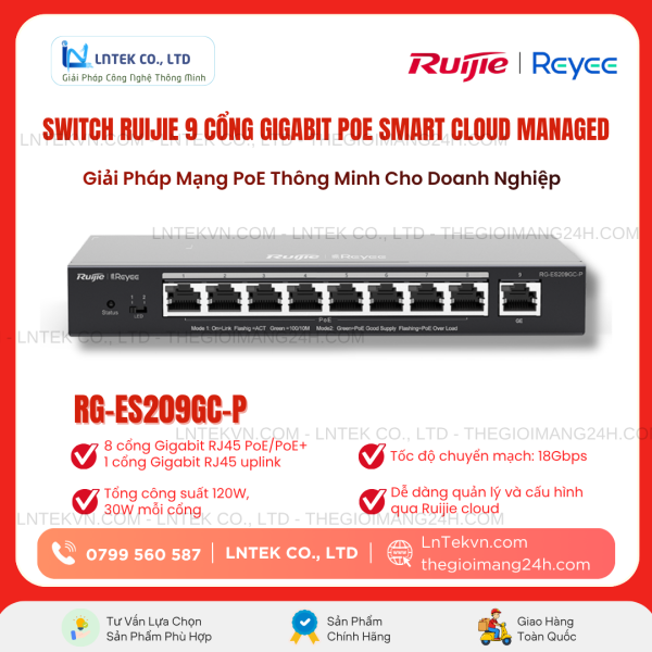 Switch Ruijie 9 Cổng Gigabit PoE Smart Cloud Managed Reyee RG-ES209GC-P